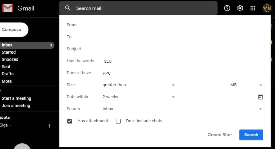 Creating an advanced search filter in Gmail