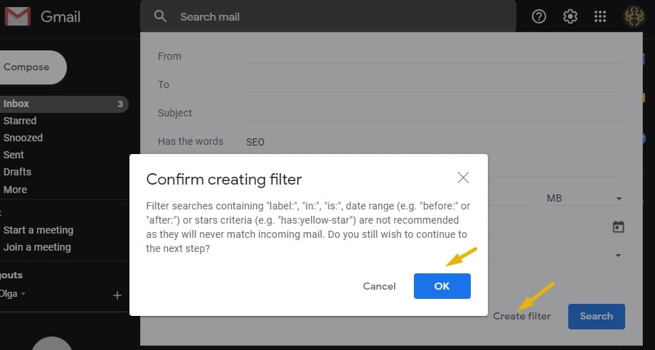 Creating an advanced search filter in Gmail and confirming