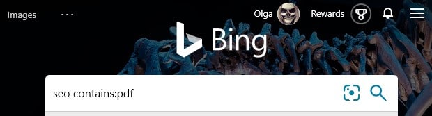 The Bing search operator contains: with an example search term typed into the search box in Bing 