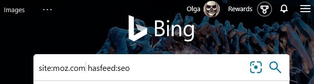 The Bing advanced search keyword hasfeed: typed into the search box in Bing.