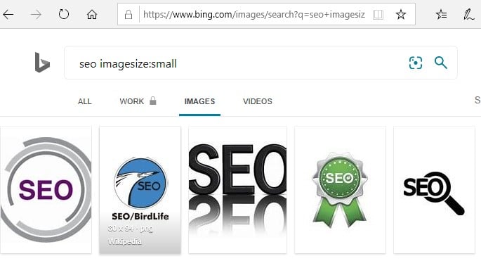 The Bing image search operator imagesize: typed into the search box in Bing.