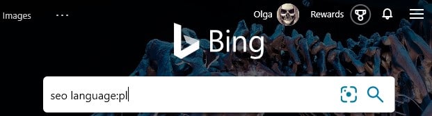 The Bing advanced search operator language: combined with the search keyword “seo” and the language code “pl” typed into the search box in Bing.