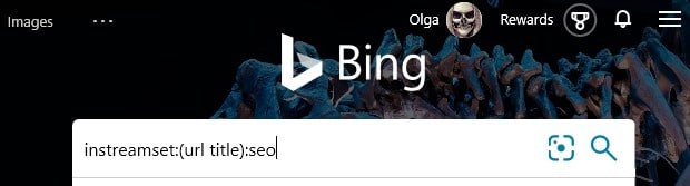 The Bing advanced search parameter instreamset: typed into the search box in Bing.