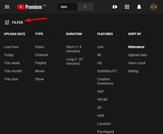 The FILTER option in YouTube advanced search