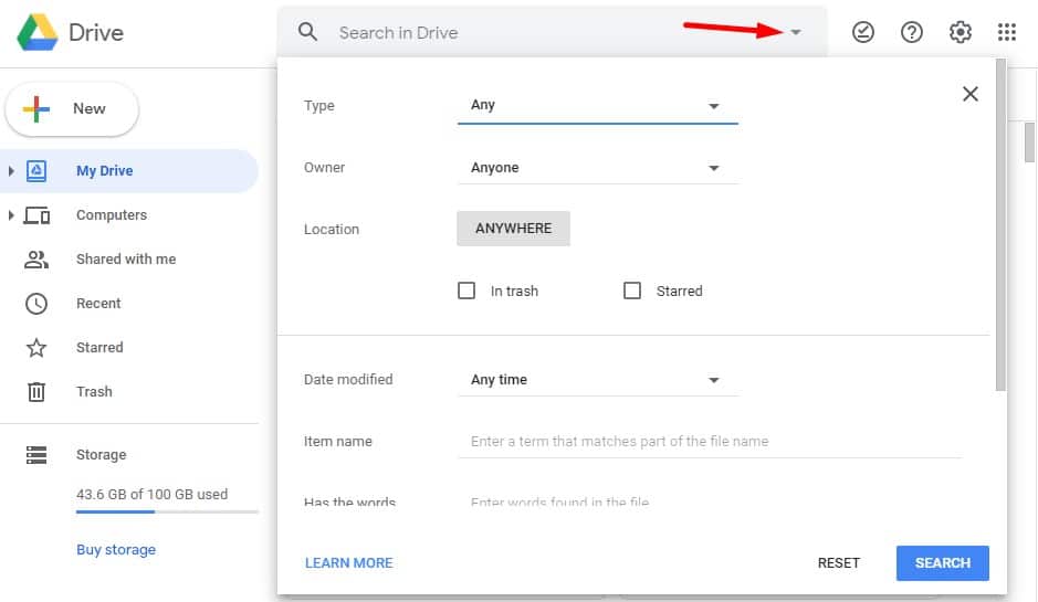 Search filters in Google Drive.