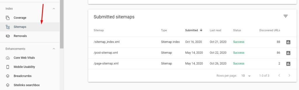 The sitemaps submitted in Google Search Console.