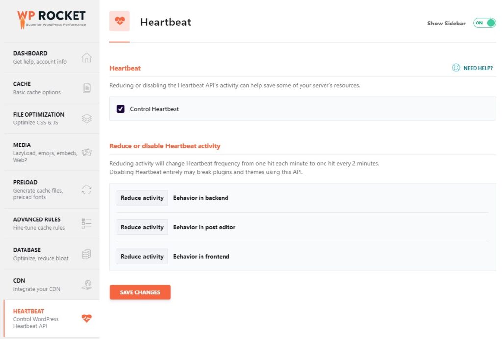 WP Rocket review: Heartbeat in WordPress
