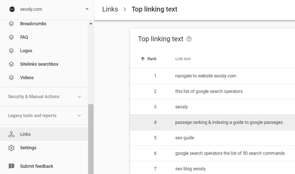Top linking text ub Google Search Console