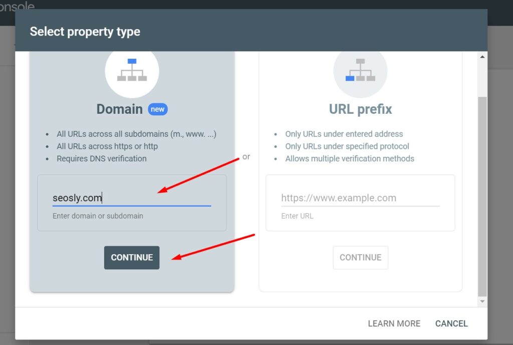 Verifying a new property in Google Search Console