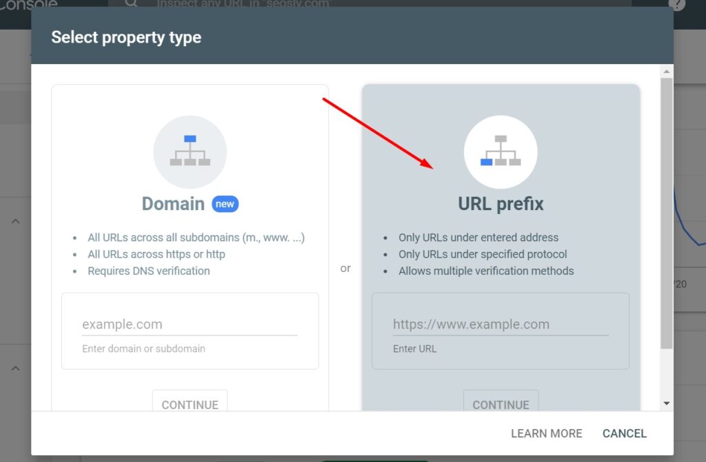 Selecting the property type in Google Search Console