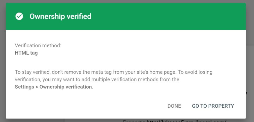 Successful verification in Google Search Console