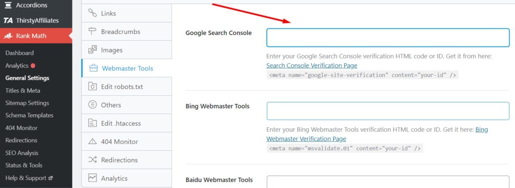 Adding the Google Search Console verification code in WordPress