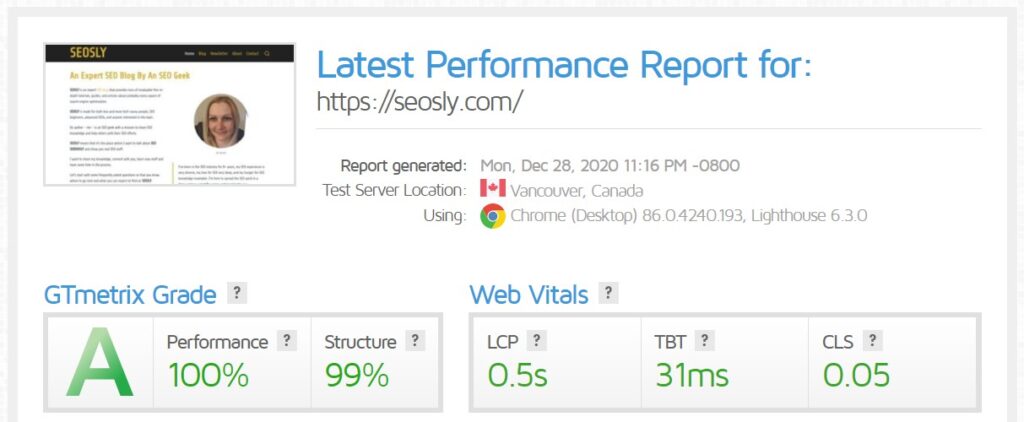 WP Rocket review: GTmetrix results for the homepage with WP Rocket