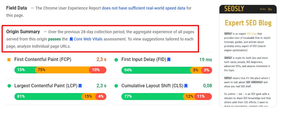 Core Web Vitals in Google PageSpeed Insights