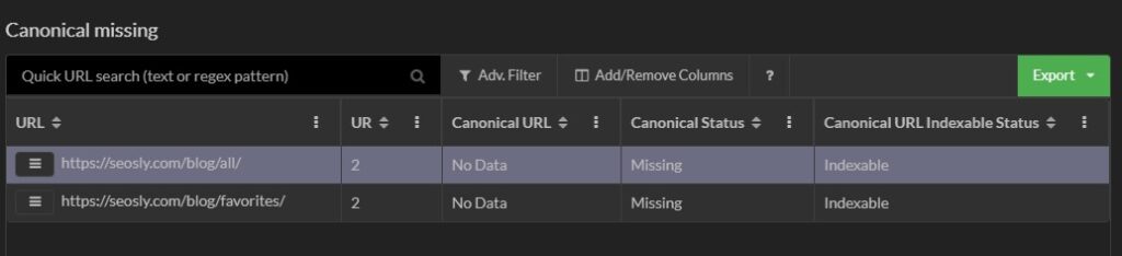 Missing canonicals in Sitebulb