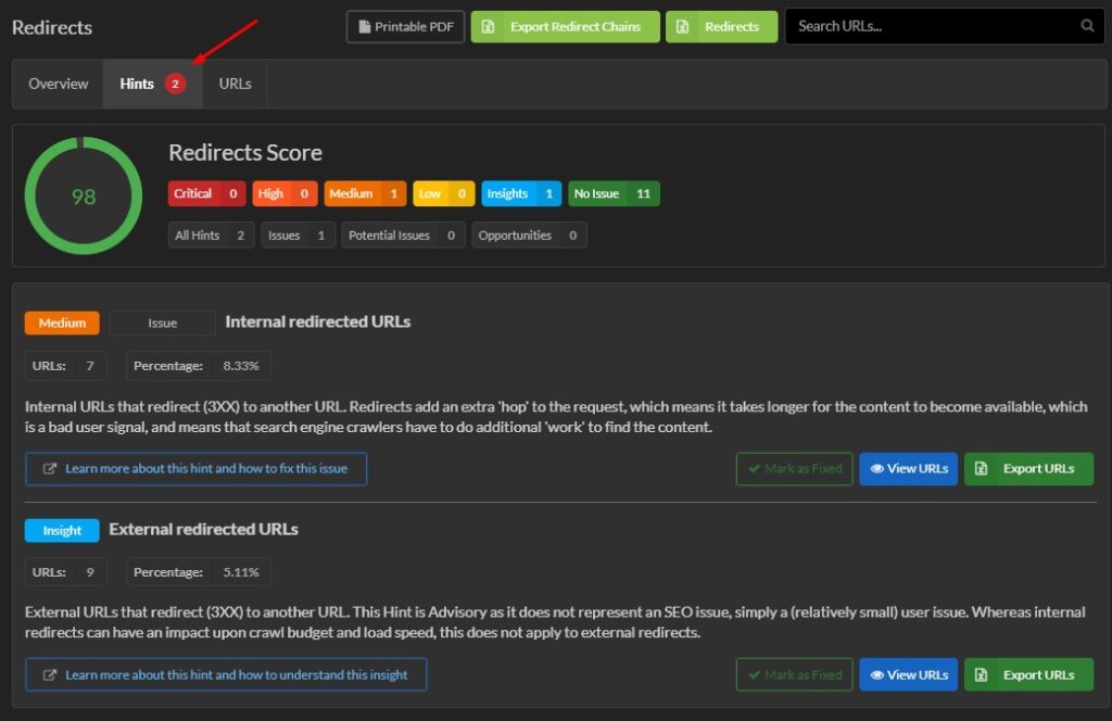 Hints for redirects in Sitebulb