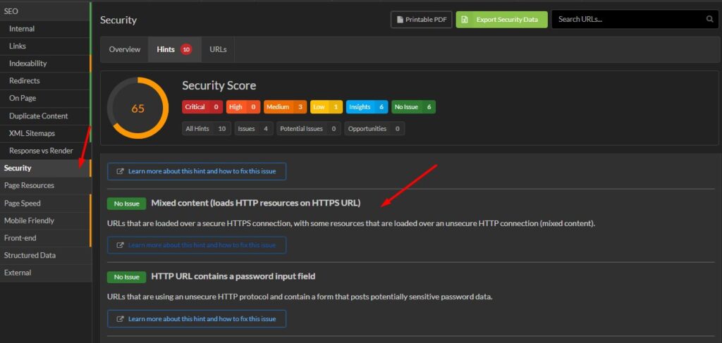 Security score in Sitebulb