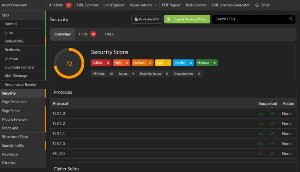 Security Score in Sitebulb