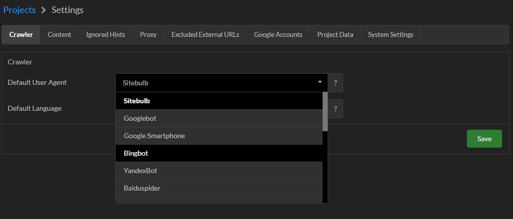 Project settings in Sitebulb
