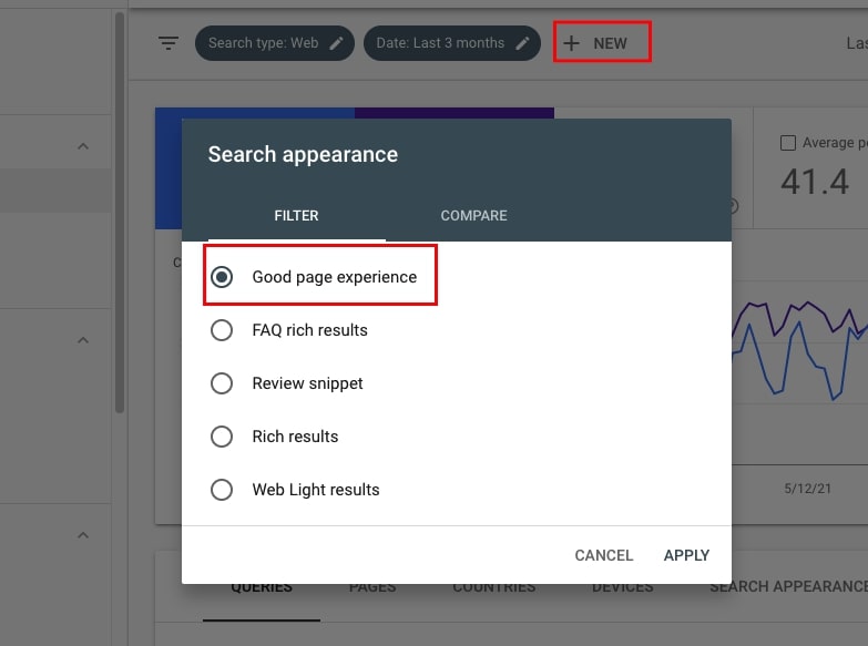 Good page experience filter in Google Search Console