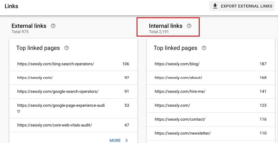 Internal links in Google Search Console