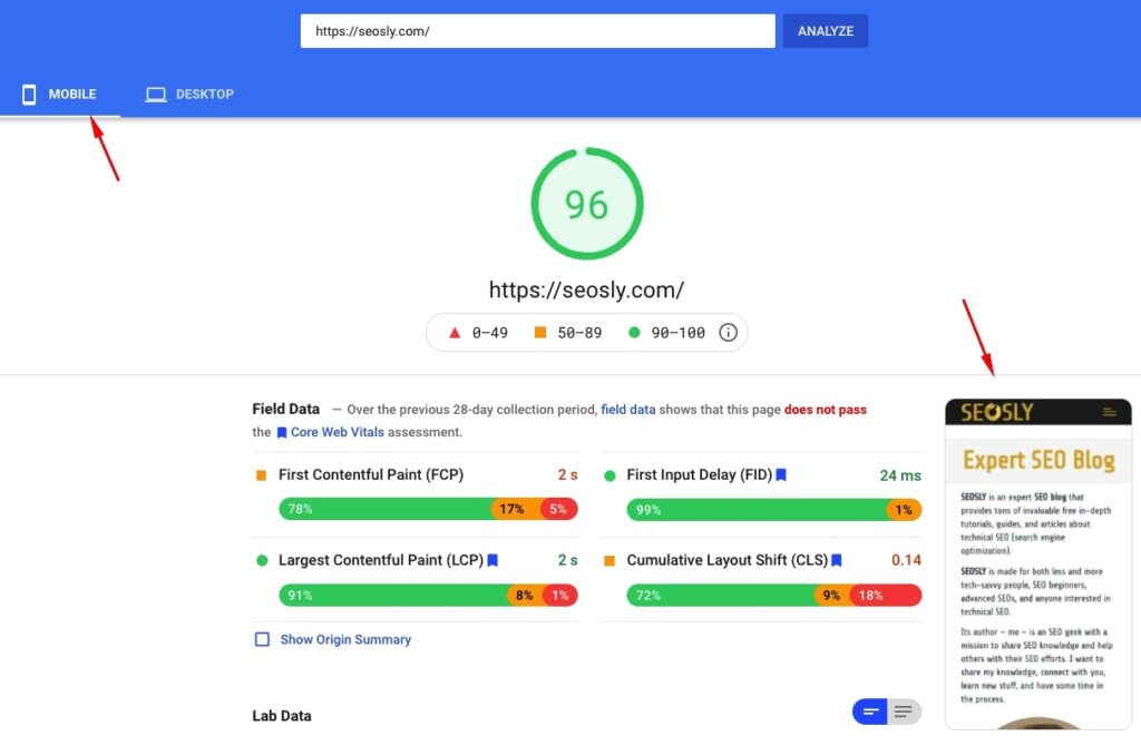 Google PageSpeed Insights tests and mobile screenshot