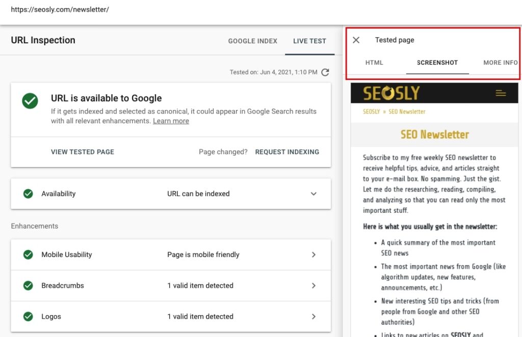Google Search Console Live Test results