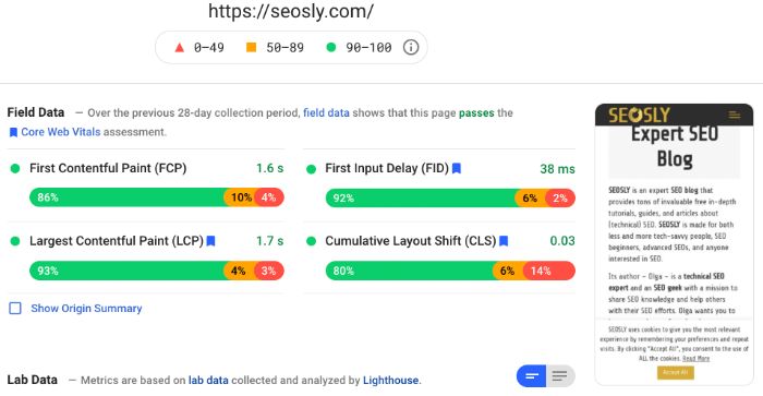 Field data in Google PageSpeed Insights