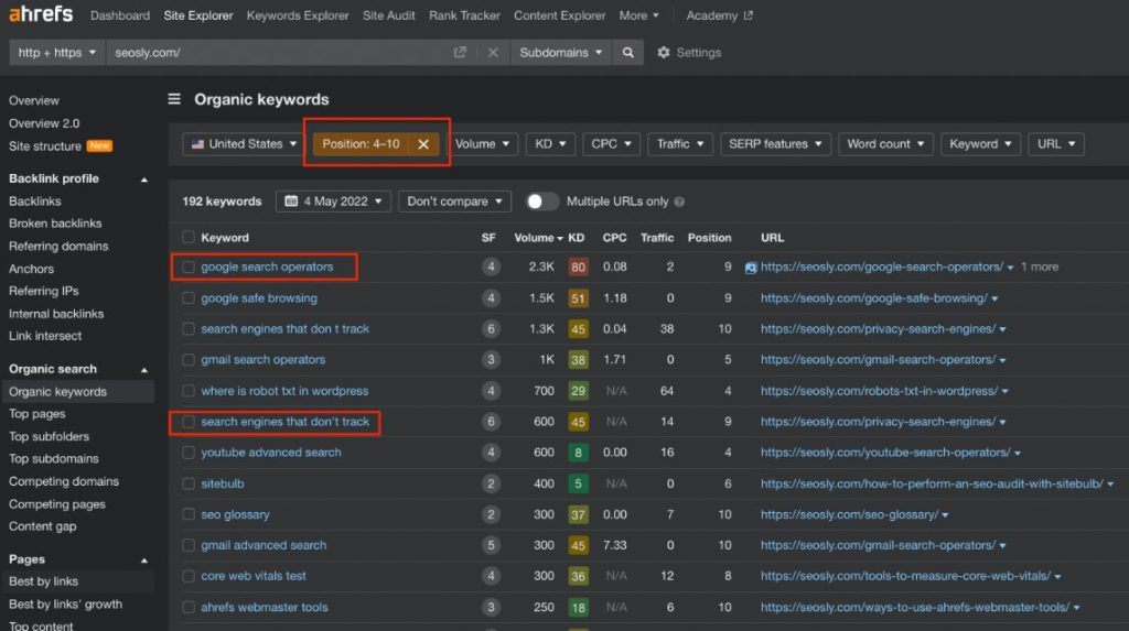Filtering keyword opportunities by position