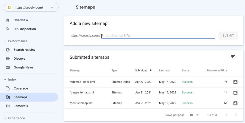 Sitemaps submitted in Google Search Console