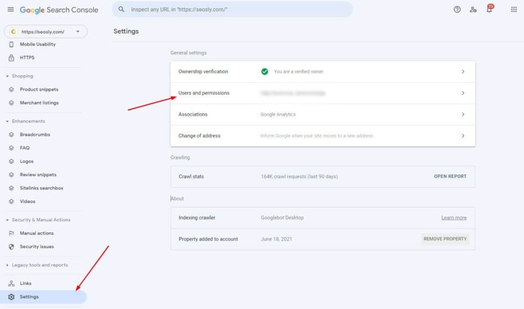 How to check users and permissions in Google Search Console