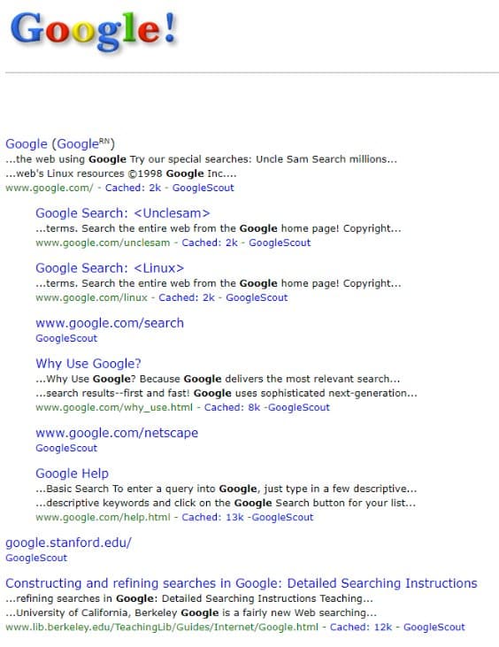Ten blue links in Google in 1998