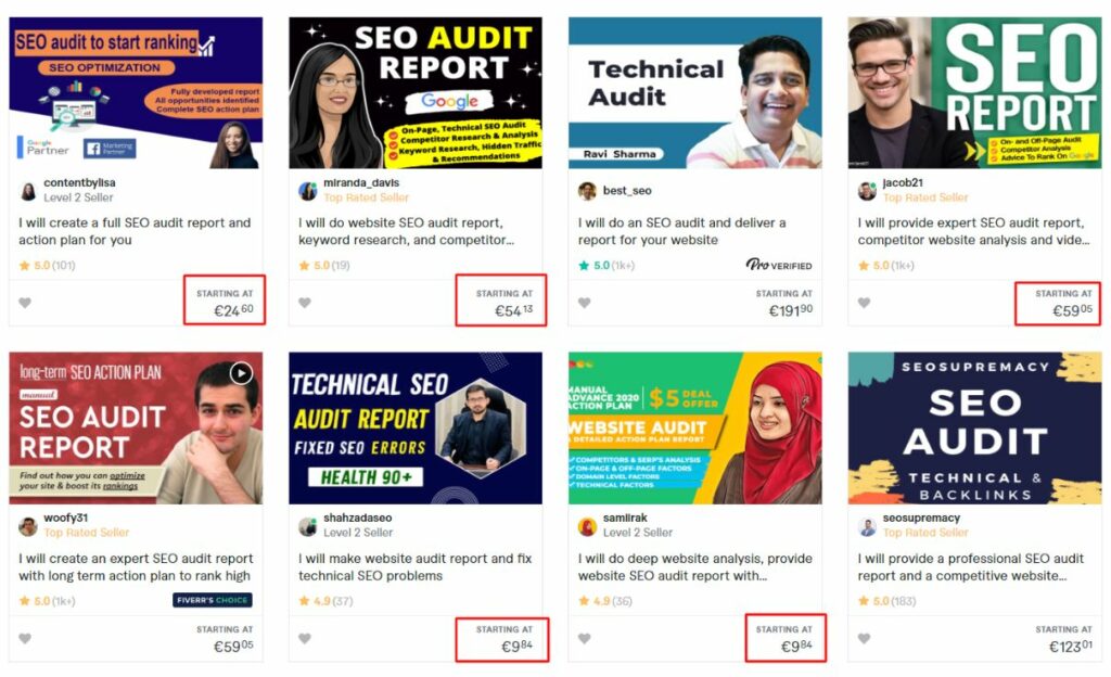 Examples of cheap SEO audits on Fiverr