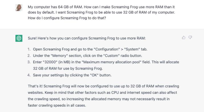ChatGPT helping configure Screaming Frog