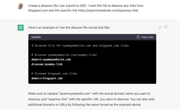 ChatGPT creating the disavow file