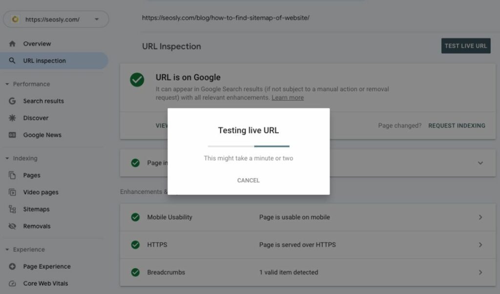 Doing a LIVE TEST in Google Search Console
