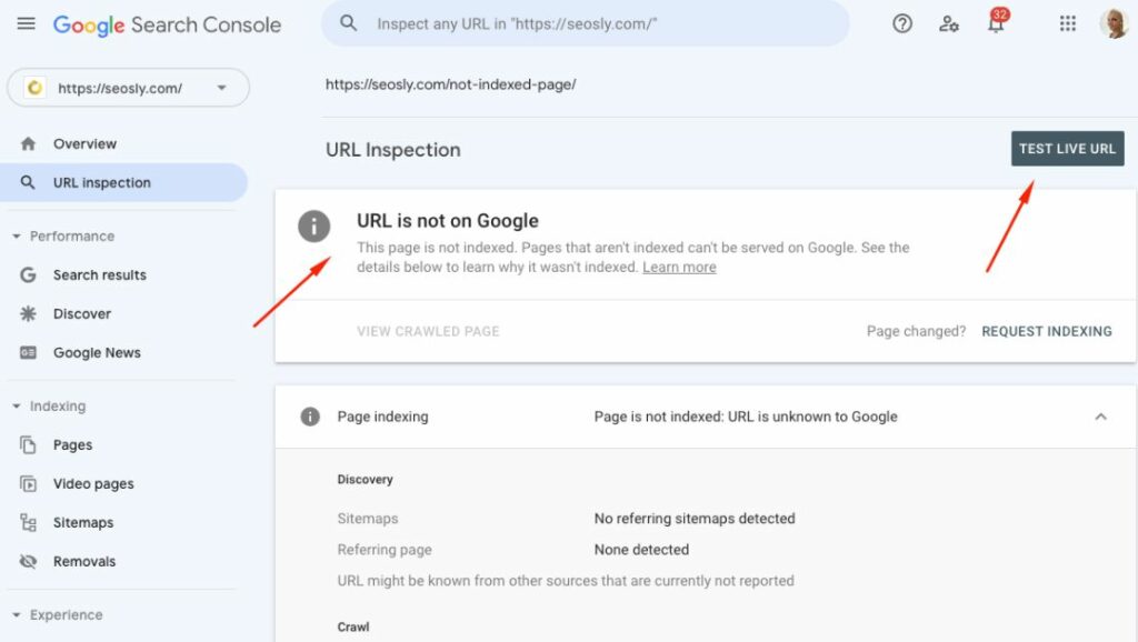 URL Inspection tool in Google Search Console showing that the URL is not indexed