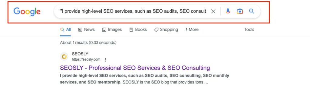 Using site: command with the sentence in quotation marks to check if JavaScript content is indexed in Google