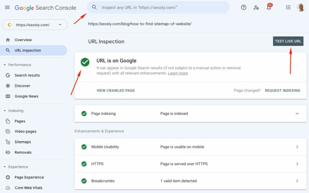 URL Inspection tool in Google Search Console showing that the URL is indexed