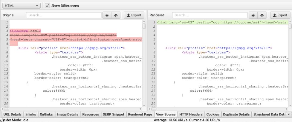 Screaming Frog сравнивает исходный HTML и визуализированный HTML