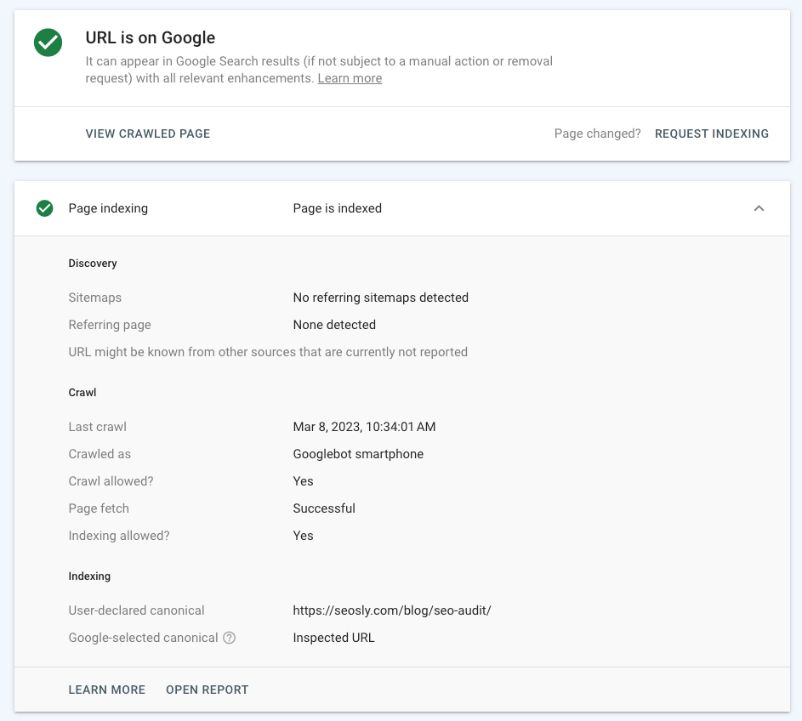 Checking the canonical using the Google Search Console URL Inspection