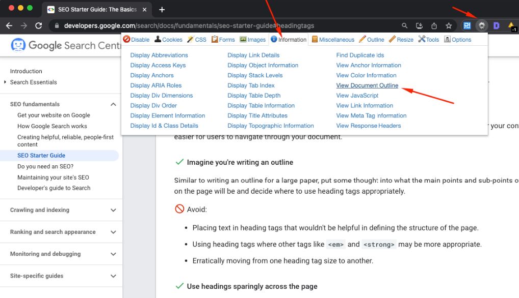 Analyzing the structure of headings using the Chrome Web Developer tool
