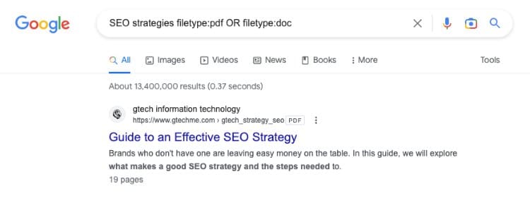 جستجوی گوگل بر اساس نوع فایل برای دو نوع فایل (PDF و .DOC)