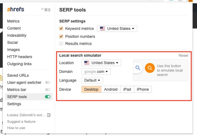 Инструменты SEO Toolbar Ahrefs SERP, включая симулятор локального поиска 