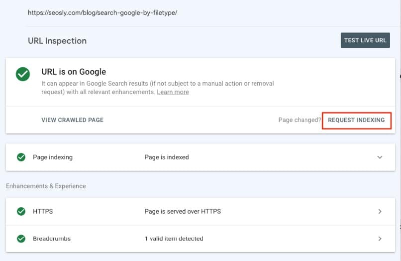 Request Indexing feature in Google Search Console