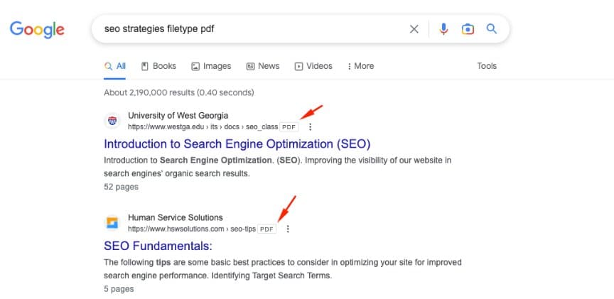 Google search by file type example