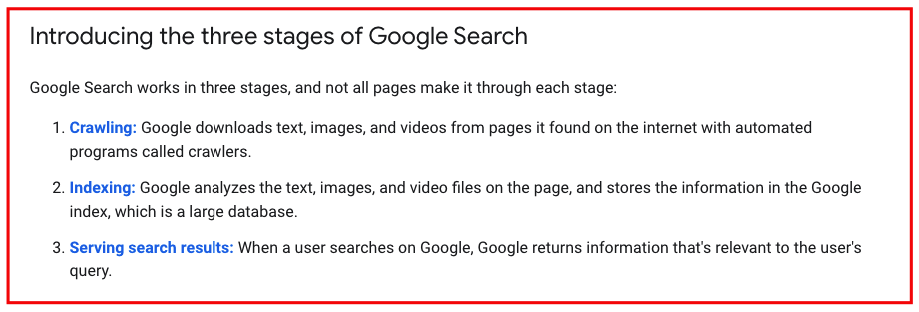 Three stages of Google Search from Google Search Central documentation