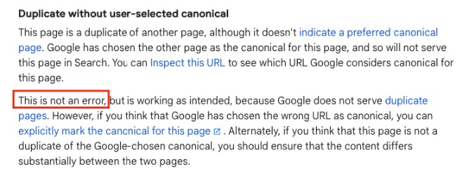 Google documentation on "Duplicate without user-selected canonical"