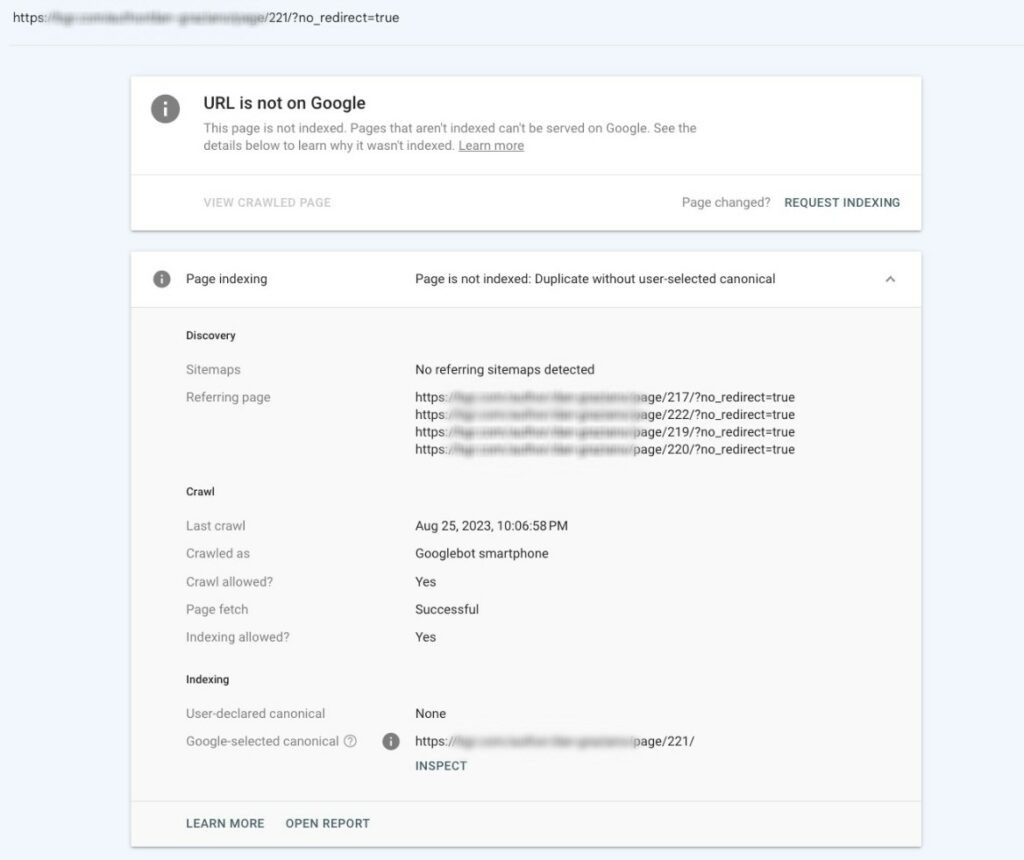 The Inspected URL details in Google Search Console