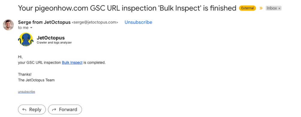 Confirmation email that the Bulk Inspection has ended